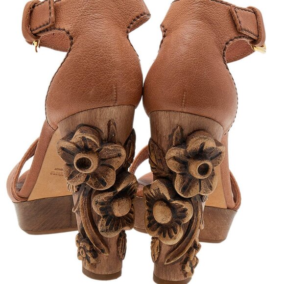 Miu Miu Vintage Camel Tan Floral Carved Wood Heel Platform Sandals – Size IT 38 - Picture 3 of 16